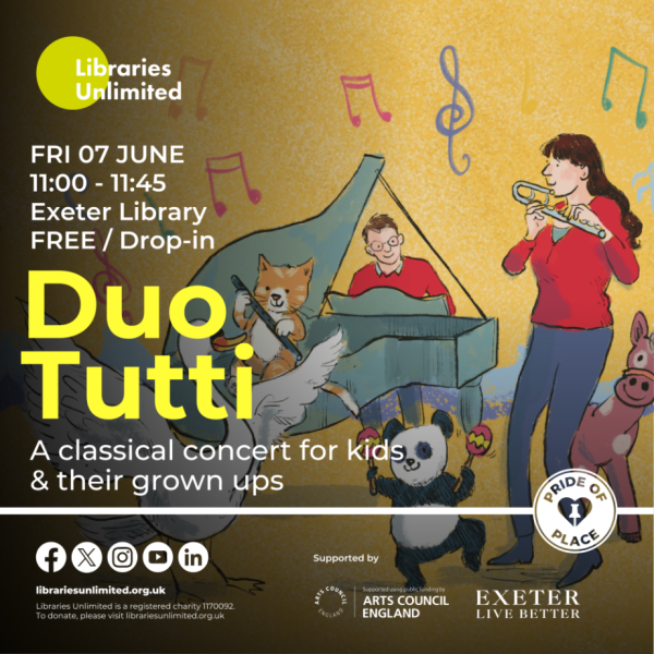 Exeter Library Concert in the Children’s Library with Duo Tutti on 7th June 2024 (11:00 – 11:45)
