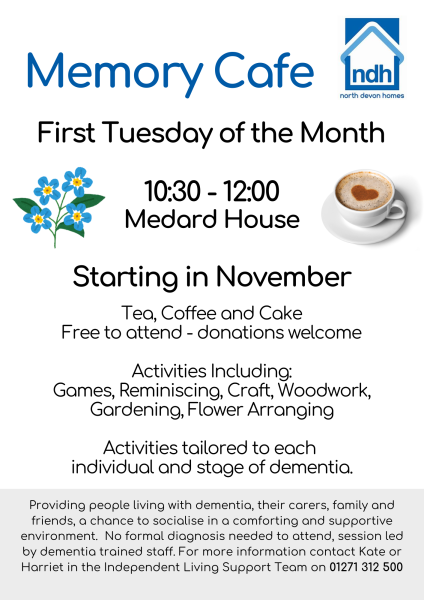 Memory Cafe, Medard House, Barnstaple (First Tuesday of the Month 10:30 - 12:00)