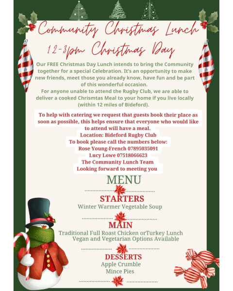 🎄 Free Community Christmas Day Lunch 🎄
📍 Bideford Rugby Club (King George's Field)
