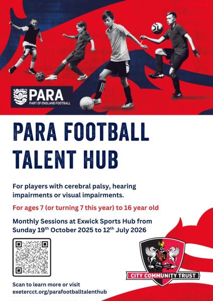 England talent hub 

Deaf, cerebal palsy, particaly sighted and blind football 16 and under