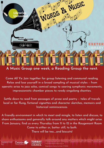 Shared Reading & Music Group at Exeter Library every Thursday 11 to 12pm